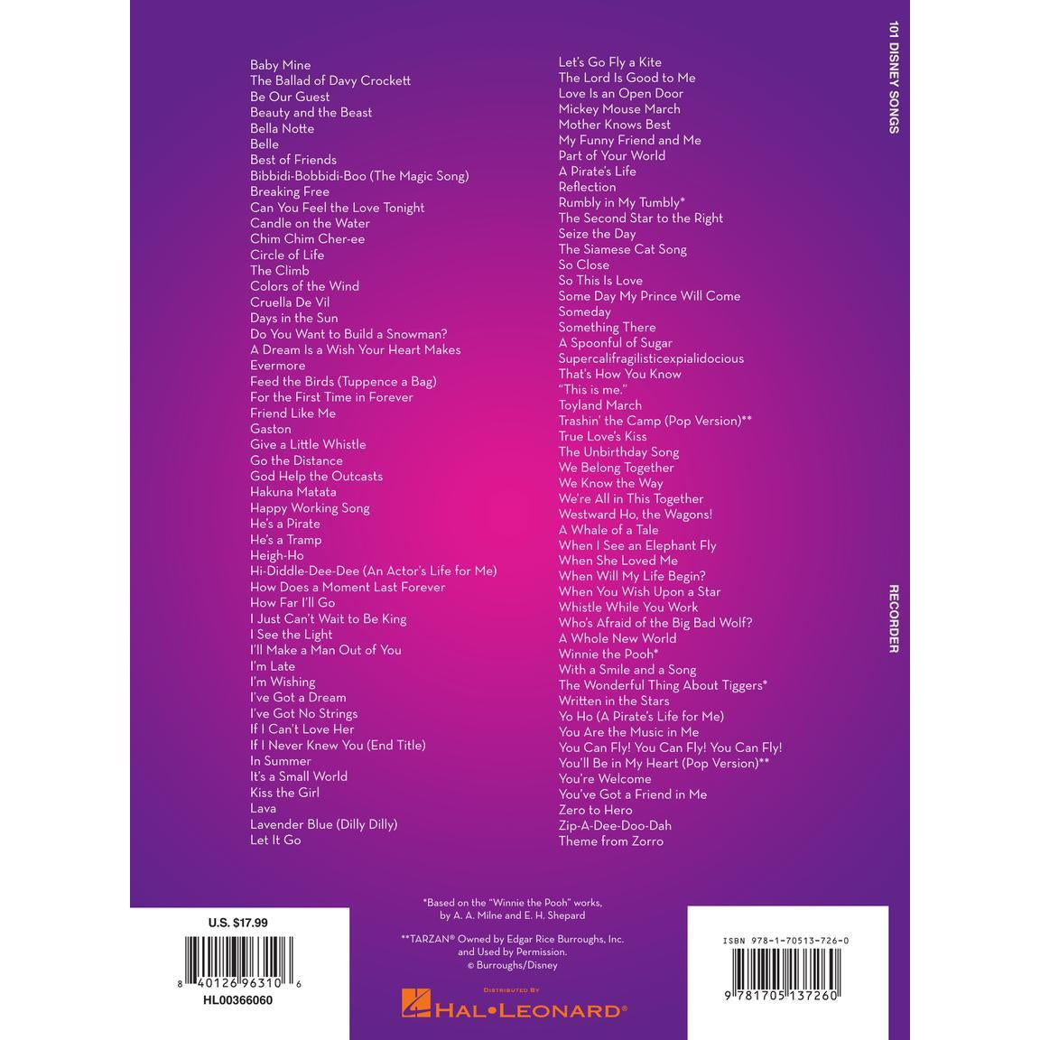 Hal Leonard HL00366060 101 Disney Songs for Recorder – Easy Music Center