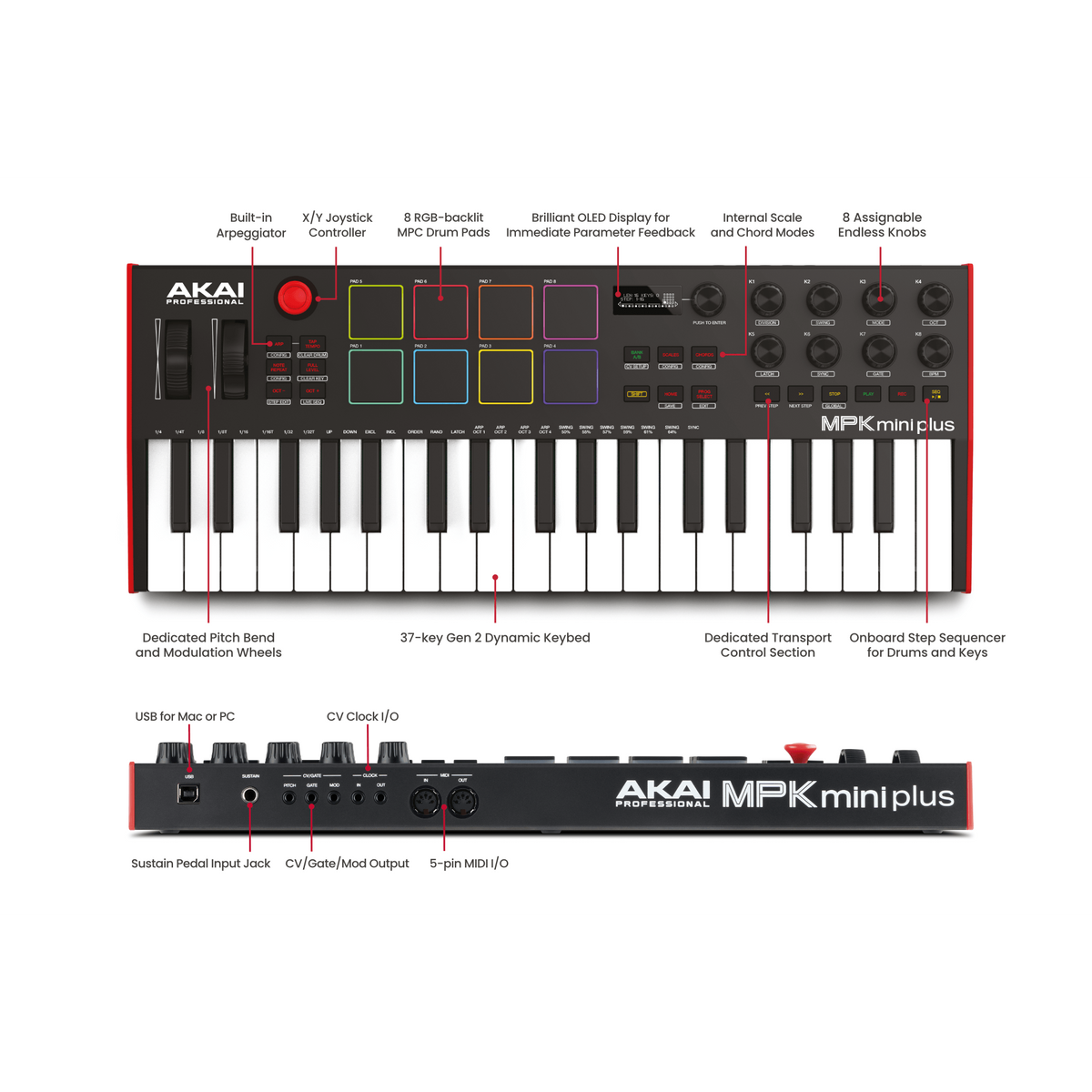 Akai MPKMINIPLUS 37-Key Midi Controller, RGB Pads – Easy Music Center