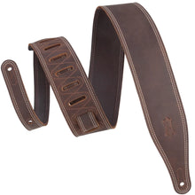 Load image into Gallery viewer, Levy M17BDS-DBR Levy's 2.5" Dark Brown Pull-up Leather Guitar Strap With Soft Garment Leather Backing. 2-ply 'Butter' Strap - White Double Stiching Around Body &amp; Tail. Adjustable from 41" to 55".-Easy Music Center
