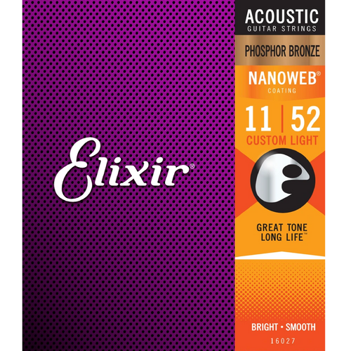 Elixir 16027 NANOWEB Phosphor Bronze Acoustic Guitar Strings Custom Light 11-52-Easy Music Center