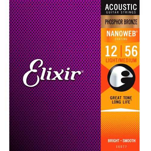 Elixir 16077 NANOWEB Phosphor Bronze Acoustic Guitar Strings Light-Med 12-56-Easy Music Center