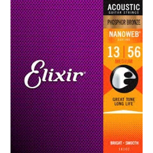 Elixir 16102 NANOWEB Phosphor Bronze Acoustic Guitar Strings Medium 13-56-Easy Music Center