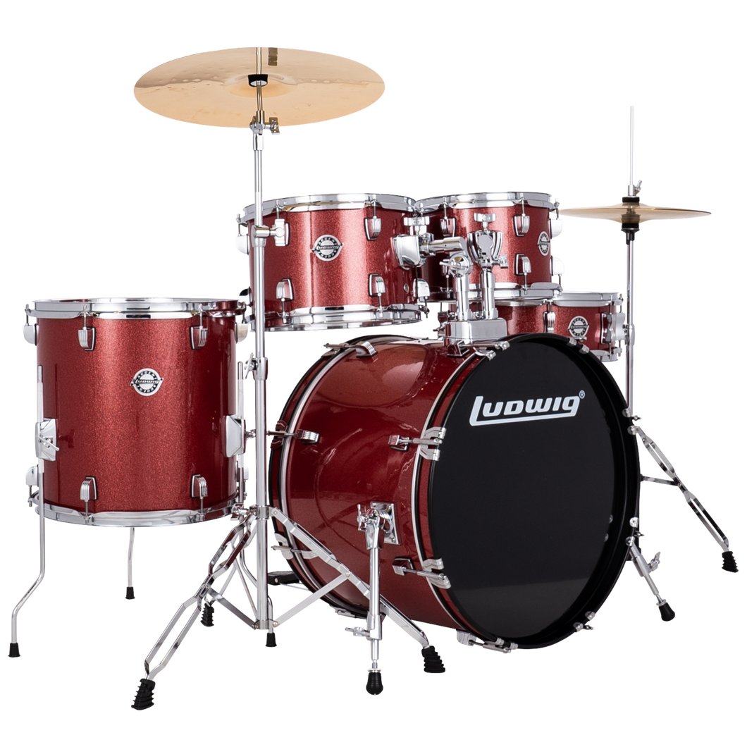 Ludwig LC19514 Accent Drive Drumset, 5pc Full Kit w/ Hardware - 22, 10, 12, 16, 14s - Red Sparkle-Easy Music Center