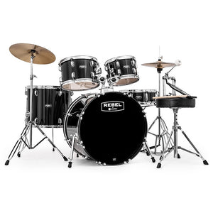 Mapex RB5294FTC-DK Rebel 5-piece Acoustic Kit with Hardware and Cymbals, Dark Black-Easy Music Center