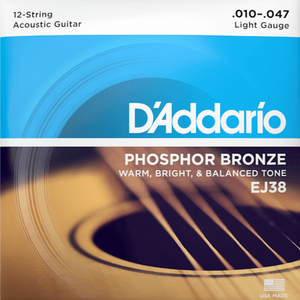 D'Addario EJ38 12-String Phosphor Bronze Acoustic Guitar Strings, Light, 10-47-Easy Music Center