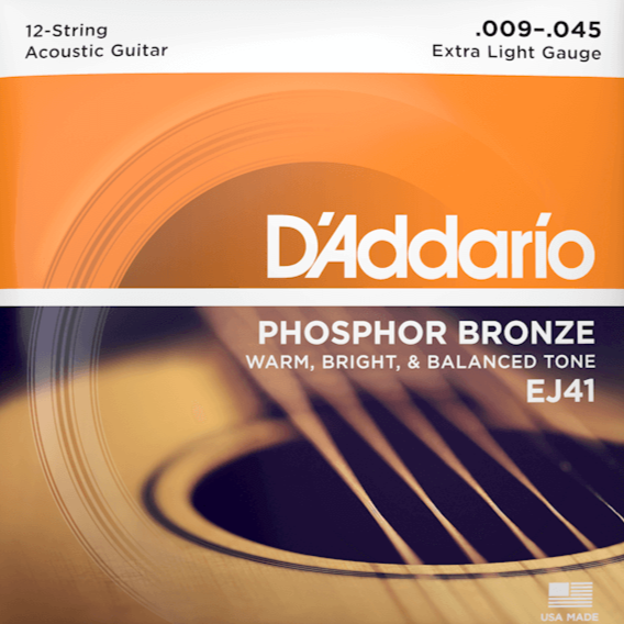 D'Addario EJ41 12-String Phosphor Bronze Acoustic Guitar Strings, Extra Light, 9-45-Easy Music Center