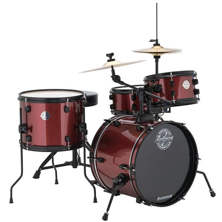 Ludwig LC178X025 Pocket Kit by Questlove, 4pc Full Kit w/ Hardware & Cymbals, 16, 10, 13, 12s - Wine Red Sparkle-Easy Music Center